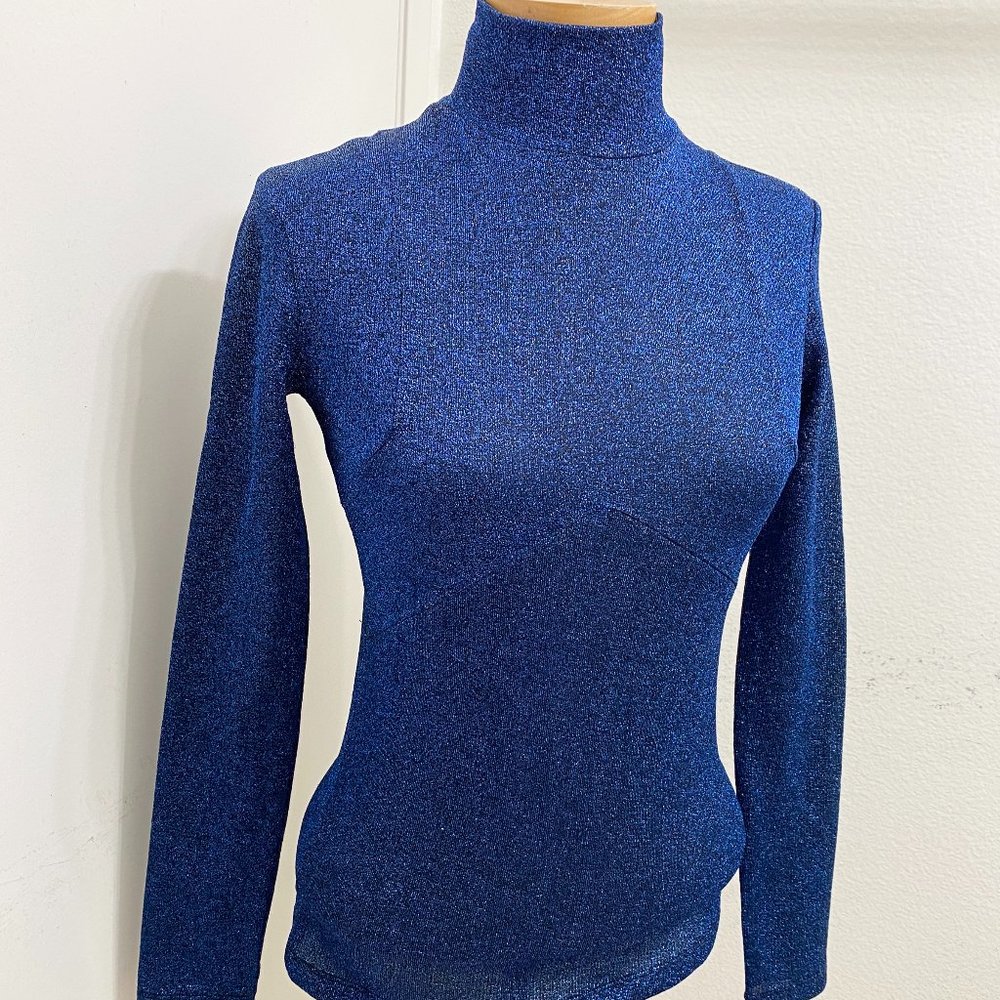 Y2K 90s Vintage H&M Turtle neck Cobalt Blue Glitter Lame  sweater size 6